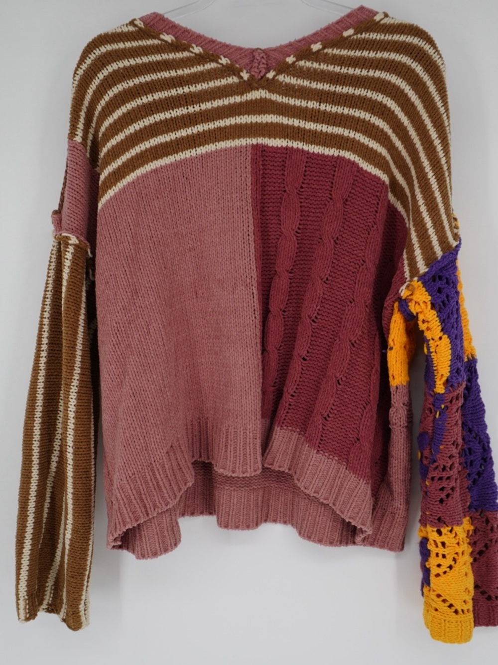 Pol Chenille Pink And Brown Floral Contrast Color Block Crochet OverSized M - Picture 13 of 14